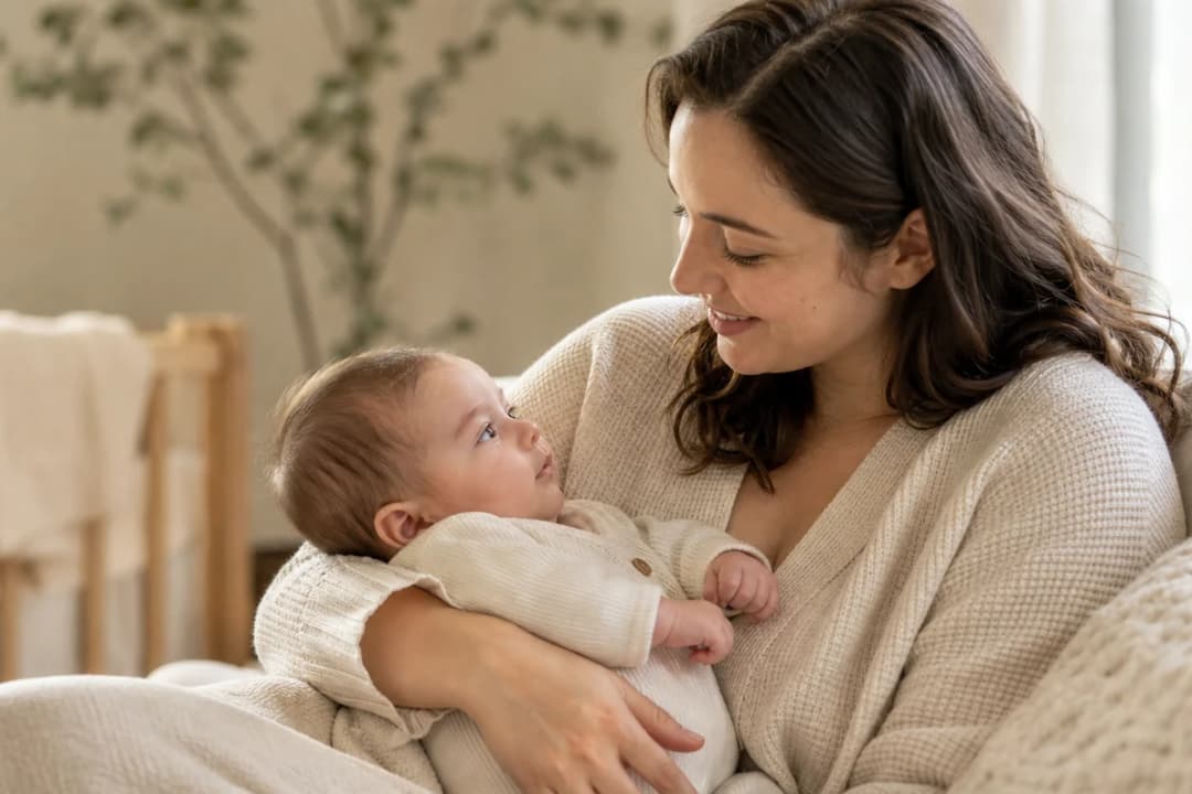A mother gently holding her baby