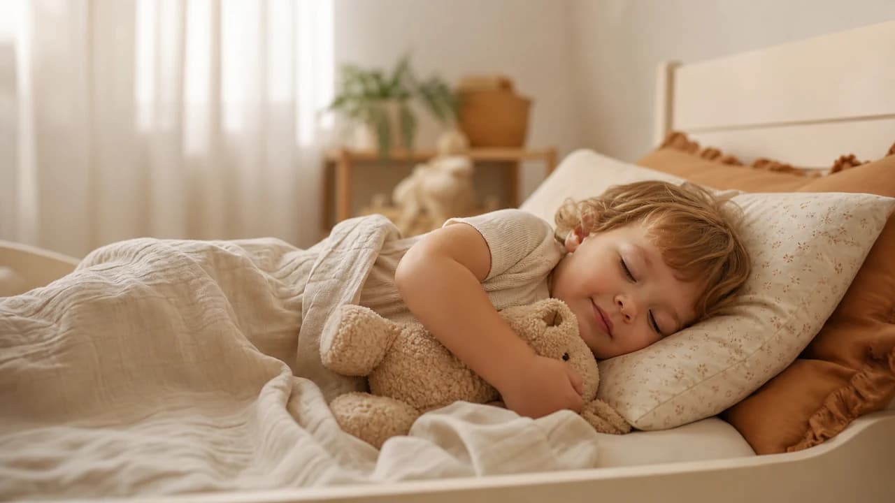 A peacefully sleeping toddler about two years old cuddling a teddy bear in a cozy cream toned bed at nap time
