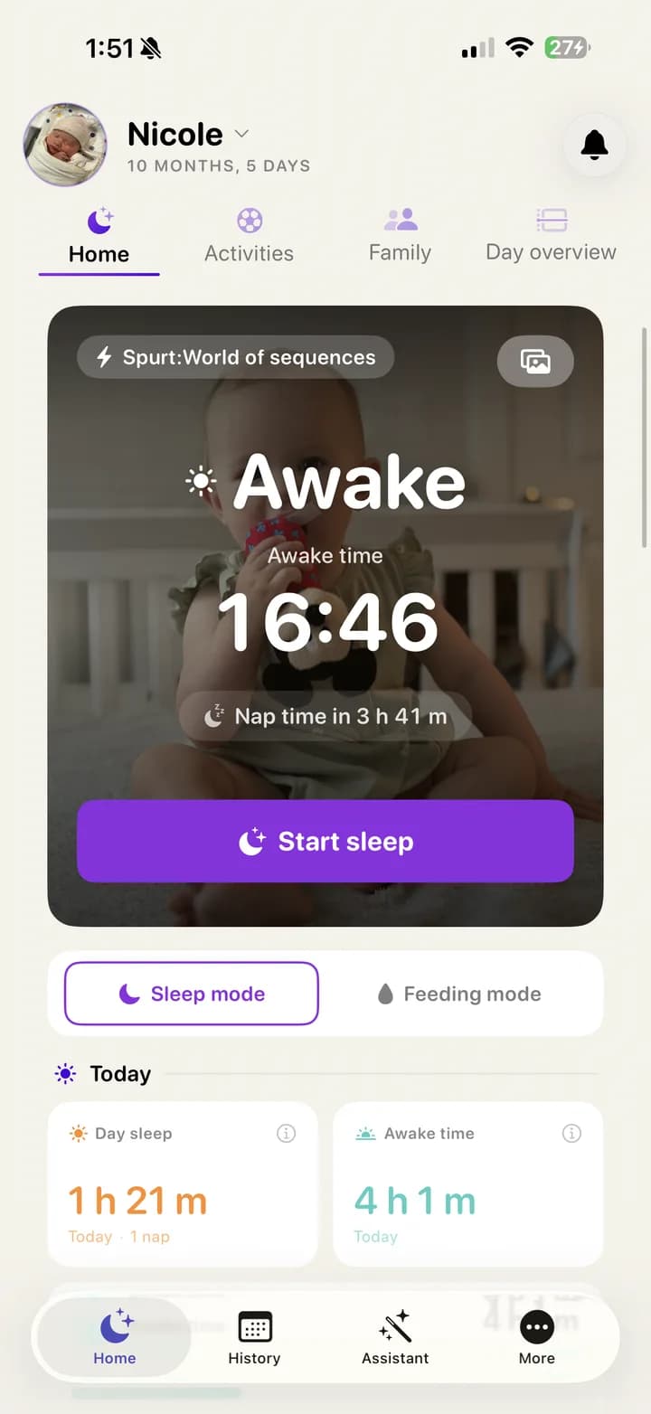 Baby Soma live sleep tracking screen with timer running