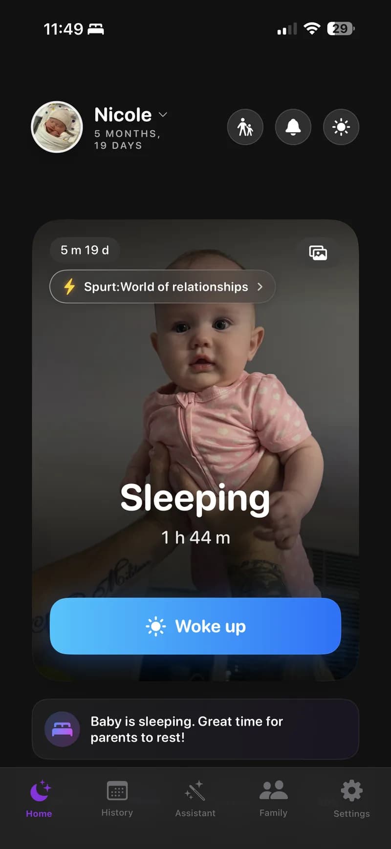 Baby Soma live sleep tracking screen with timer running