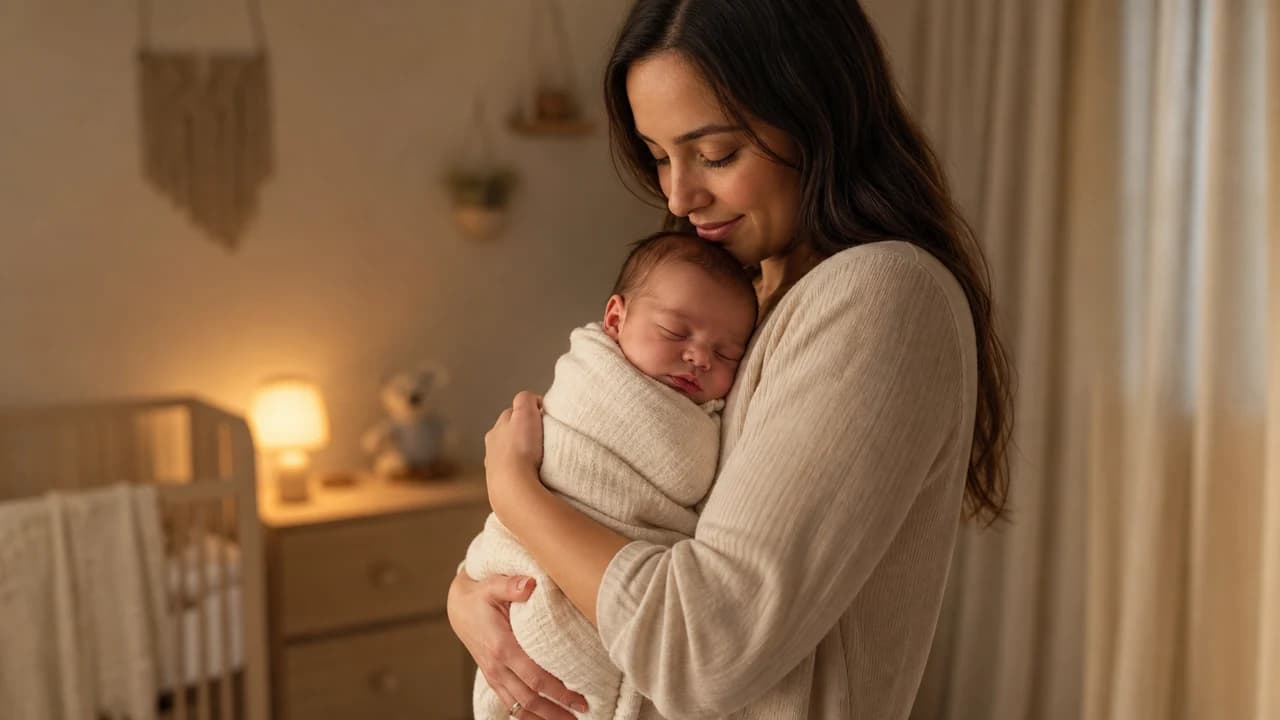 A parent cradling a peacefully sleeping baby against their chest at night