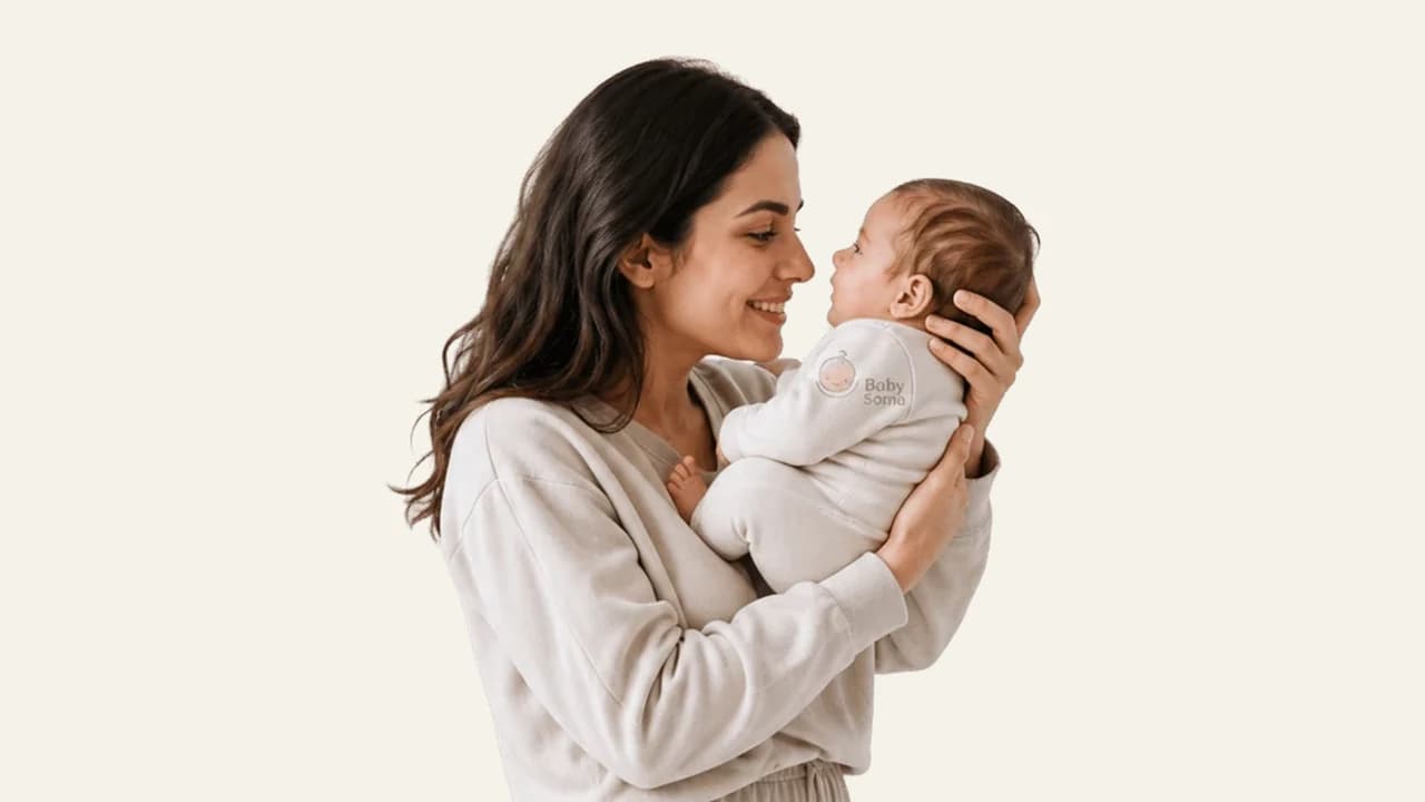 A newborn baby face to face with a smiling parent during awake time