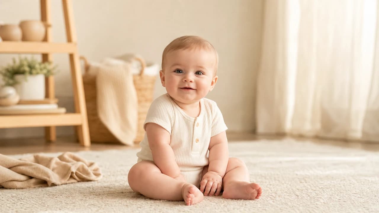 A six month old baby propped up and alert during awake time