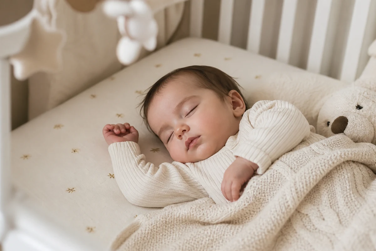 Baby looking off to the side, ready for sleep