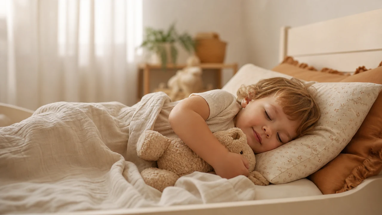 Ein etwa zwei Jahre altes Kleinkind schläft friedlich und kuschelt beim Mittagsschlaf mit einem Teddybären in einem gemütlichen cremefarbenen Bett