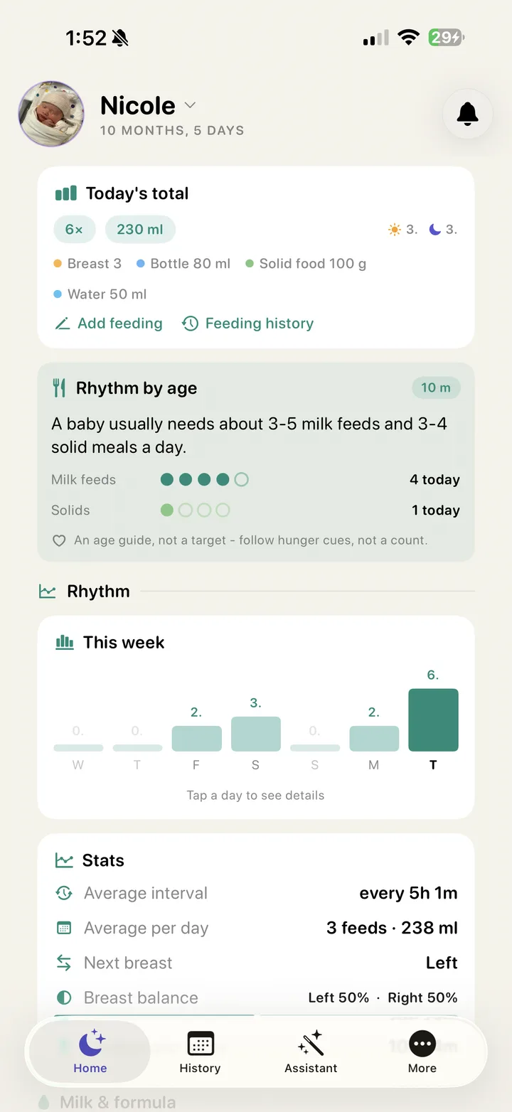 Baby Soma feeding screen with entries and daily totals.